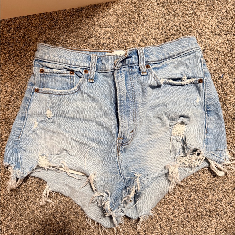 Abercrombie & Fitch Light Blue Distressed High-Waist Denim Shorts